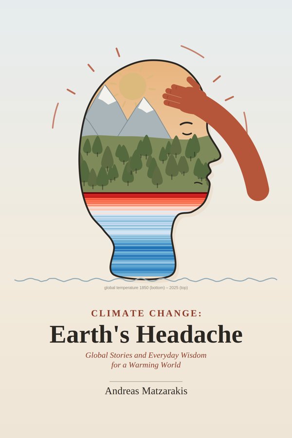 Book cover: a head in profile holding its forehead, filled with mountains, forest and warming stripes