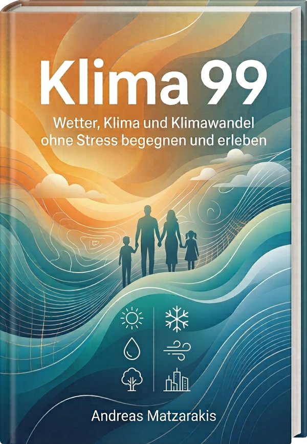 Buchcover Klima 99: eine Familie geht über geschwungene Landschaftslinien, darunter Symbole für Sonne, Schnee, Regen, Wind, Baum und Stadt